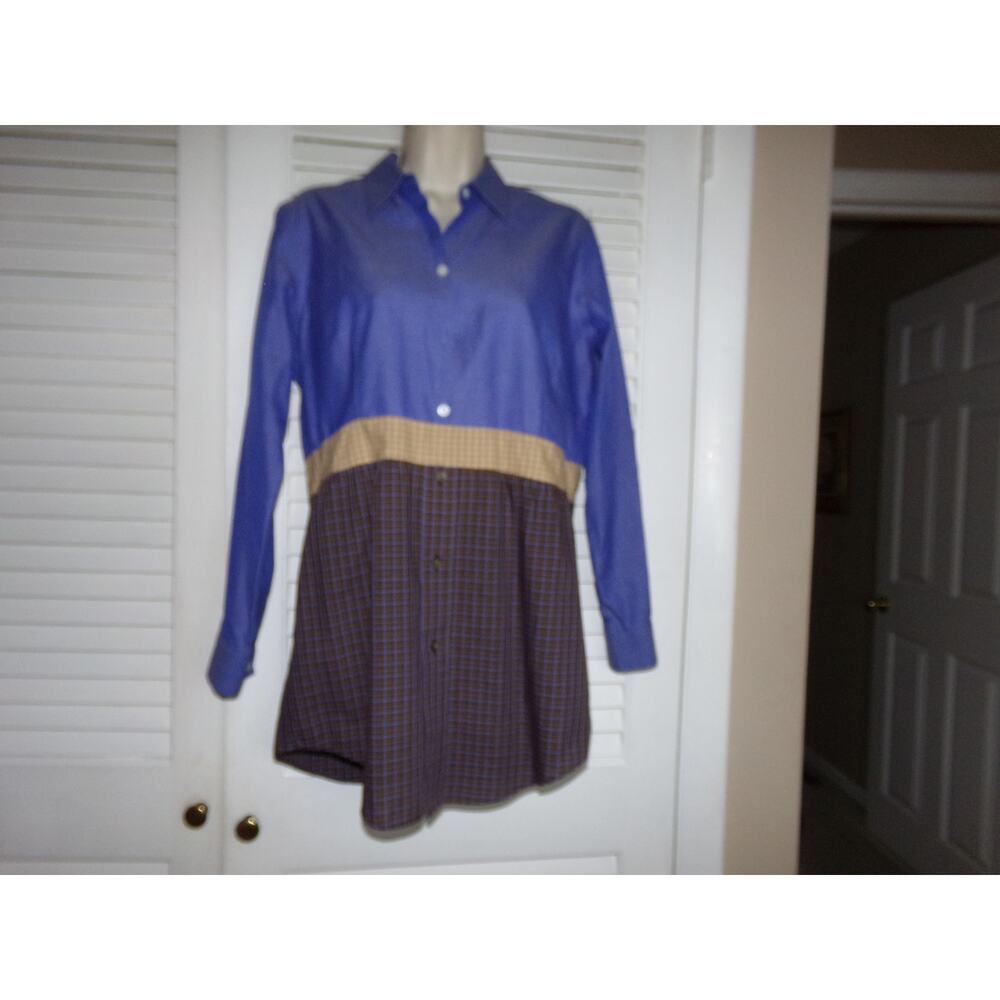 Vintage 70s Liz Claiborne mixed pattern long blouse PS‎ Non Iron brown blue